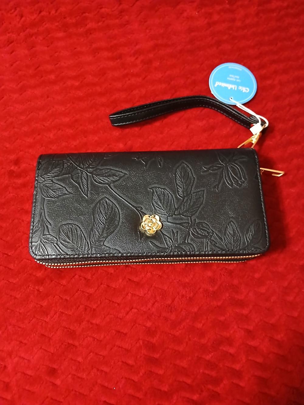 Black Floral-Embossed Wristlet Wallet with Gold Rose Accent